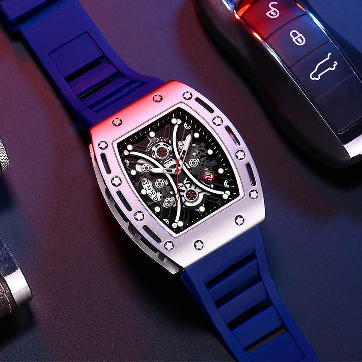 Watch for Men Wristwatch Fashion Hollow Big Dial Luminous Waterproof Sport Analog Quartz Business Mens Watches Blue Silicon Strap Dress Watch