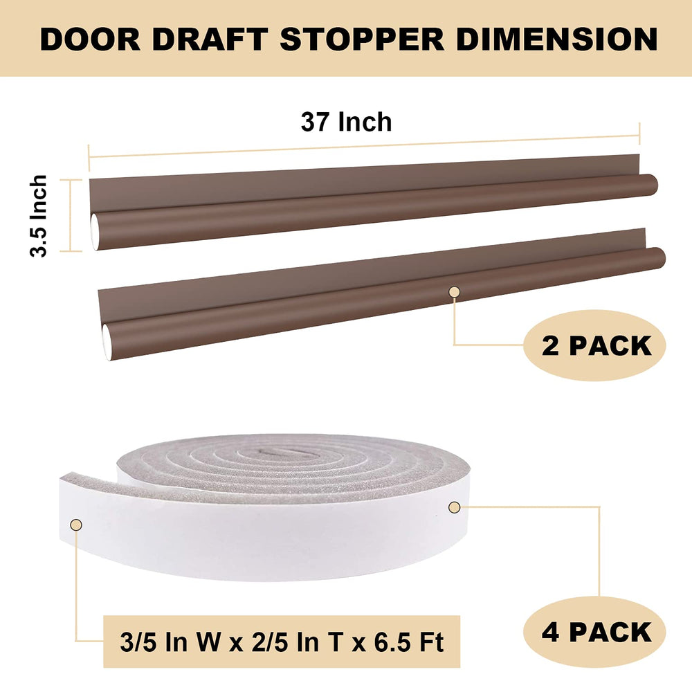 Door Draft Stopper 2 Pack, 37'' Adjustable Door Bottom Seal Strip, Weather Stripping Under Door Noise Stopper & 4 Pack 79'' Door Side Gap Blocker, Suitable for Exterior/Interior Doors, Brown