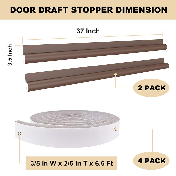 Door Draft Stopper 2 Pack, 37&#39;&#39; Adjustable Door Bottom Seal Strip, Weather Stripping Under Door Noise Stopper &amp; 4 Pack 79&#39;&#39; Door Side Gap Blocker, Suitable for Exterior/Interior Doors, Brown