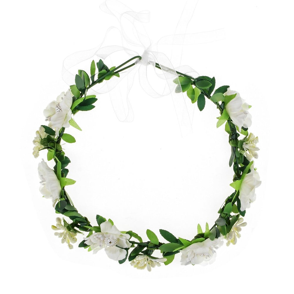 Wedding Hair Wreath Floral Garland Crown Headpiece Adjustable Rose Flower Crown (A-white)