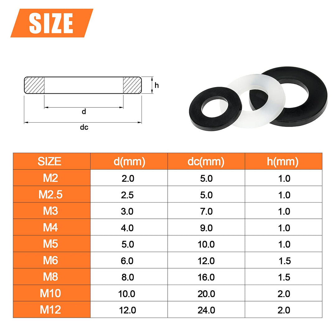 1000 Pieces 9 Sizes White/Black Nylon Flat Washers Assortment Kit - M2 M2.5 M3 M4 M5 M6 M8 M10 M12