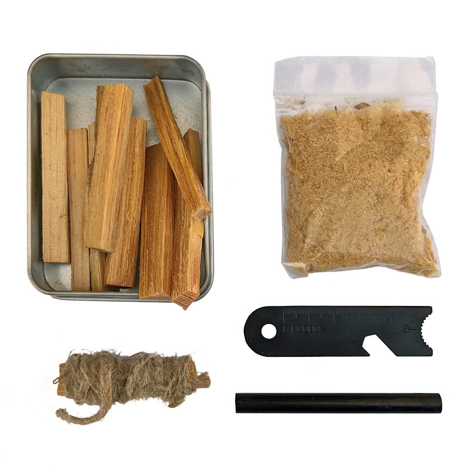 Fatwood 100% Natural Firestarter Sticks Hand Cut in The USA Ferro Rod Ferrocerium Flint Jute Fatwood Chips Striker Tin Container Survival Emergencies Camping Since 1989
