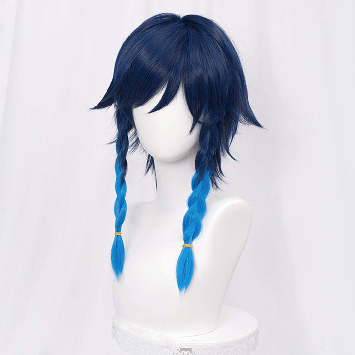 SL Navy Blue Wig for Venti Cosplay Costume 2 Tone Anime Braided Hair Wigs with Braids Ponytails Bangs + Cap