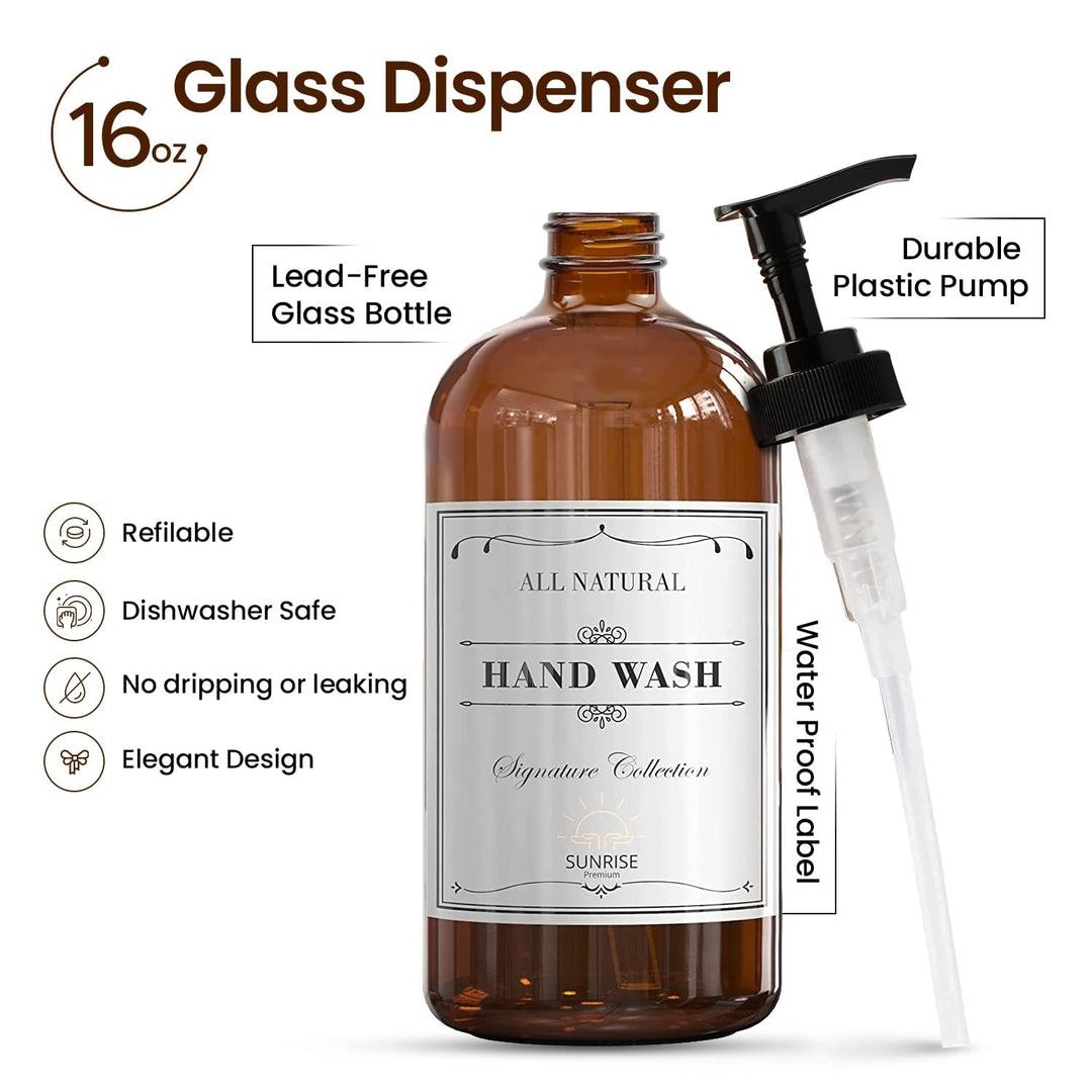 , 16 OZ Thick Amber Glass Soap Dispenser with Plastic Pump 2 Pack, Hand and Dish Soap Dispenser Set for Bathroom with 6 Waterproof Labels