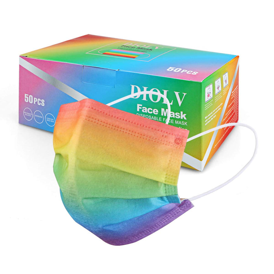 DIOLV 50Pcs Rainbow Printed Disposable Face Masks for A