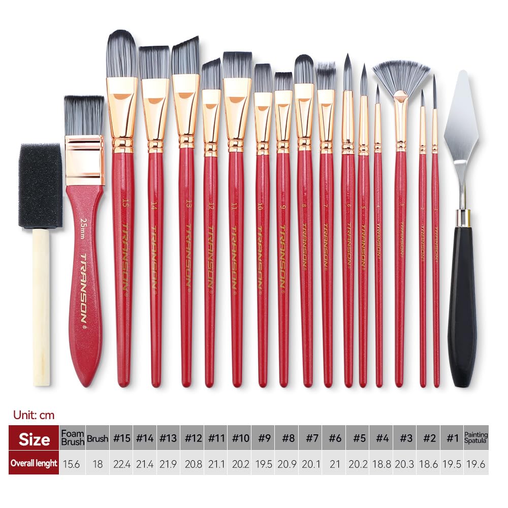 Transon Art Paint Brush Kit 16 Paint Brushes with Foam Brush Sponge Spatula and Brush Case for Oil, Acrylic, Watercolor, Gouache, Painting Pink Color