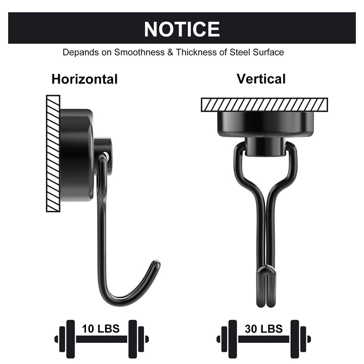 8 Pack Magnetic Hooks Heavy Duty for Hanging, Strong Neodymium Magnet Hook with Scratch-Resistant Base, Swivel Hanger Utility Hooks for Refrigerator, Cruise Cabins, Wall, Grill, Key, Kitchen, Black