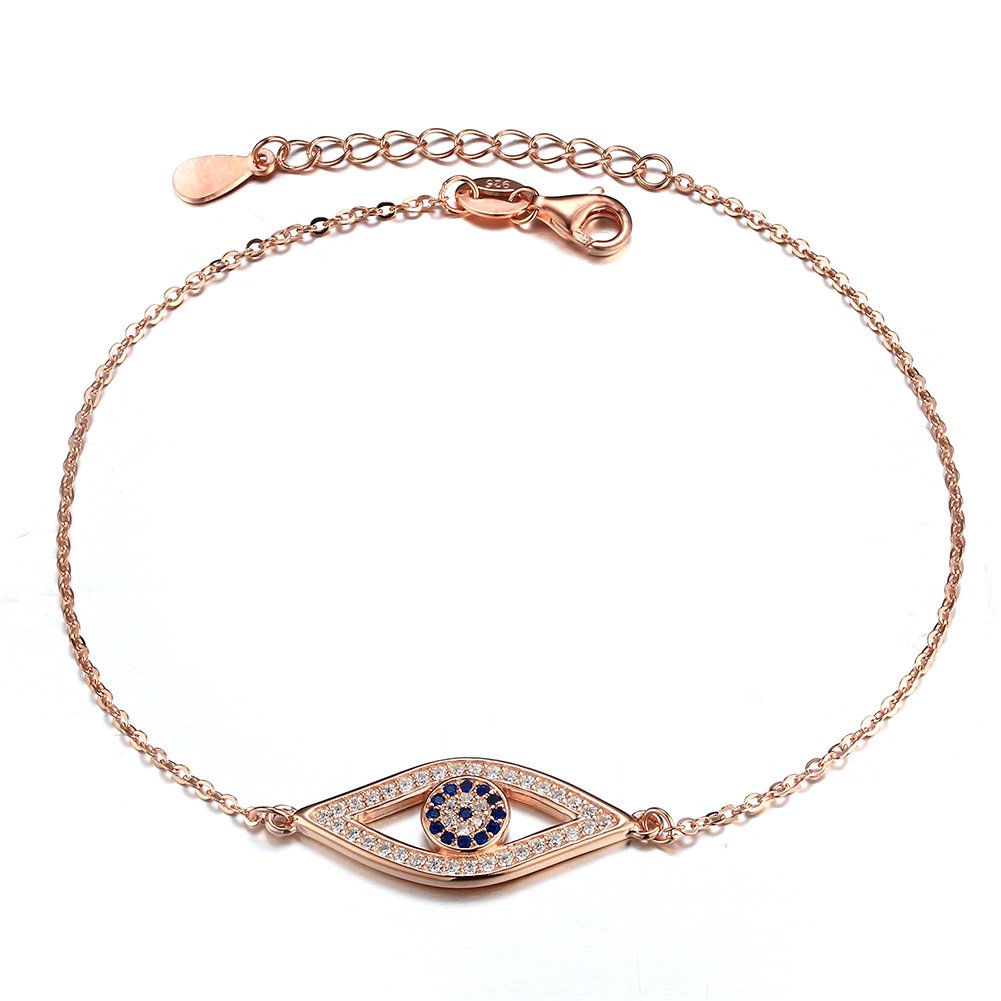 Blue Evil Eye Link Bracelet in Sterling Silver 925 with Cubic Zirconia CZ and 6.5+1 Cable Chain