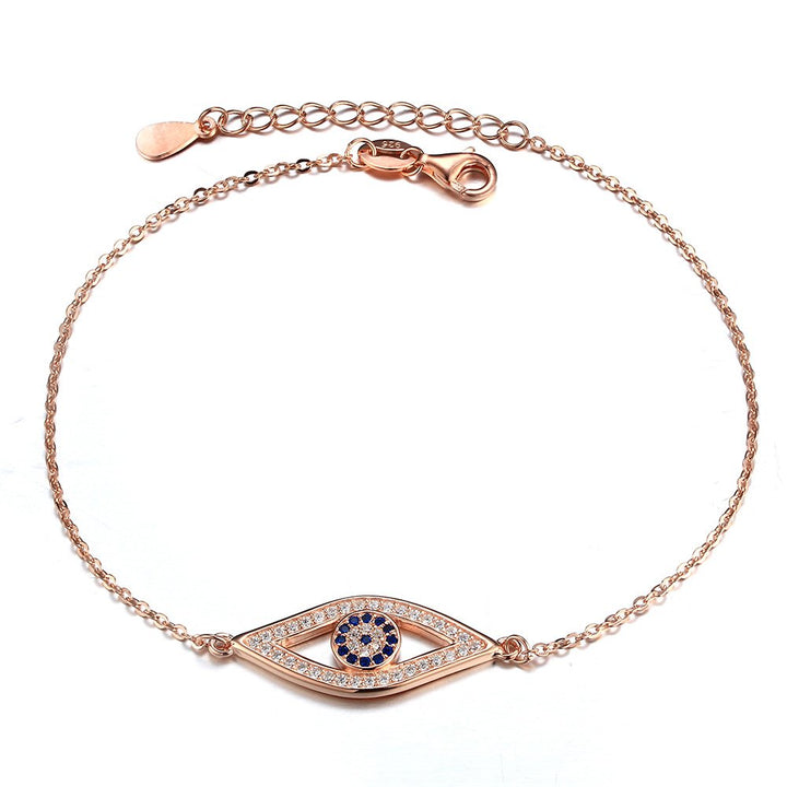 Blue Evil Eye Link Bracelet in Sterling Silver 925 with Cubic Zirconia CZ and 6.5+1 Cable Chain