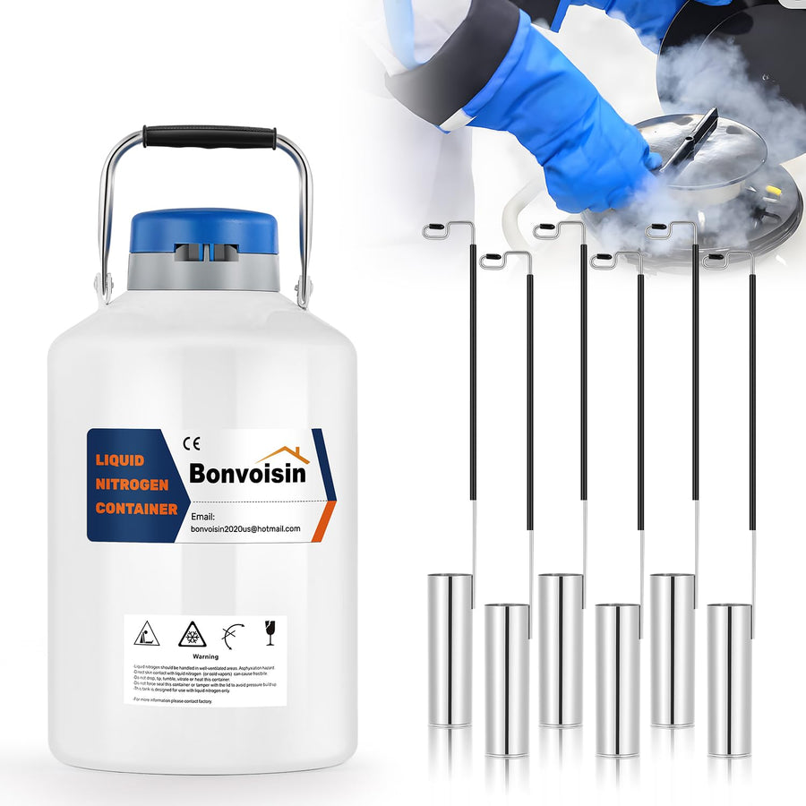 6L Liquid Nitrogen Container Cryogenic Container Liquid Nitrogen (LN2) Dewar Aluminum Alloy Semen Tank with 6 Canisters Carry Bag (6L)