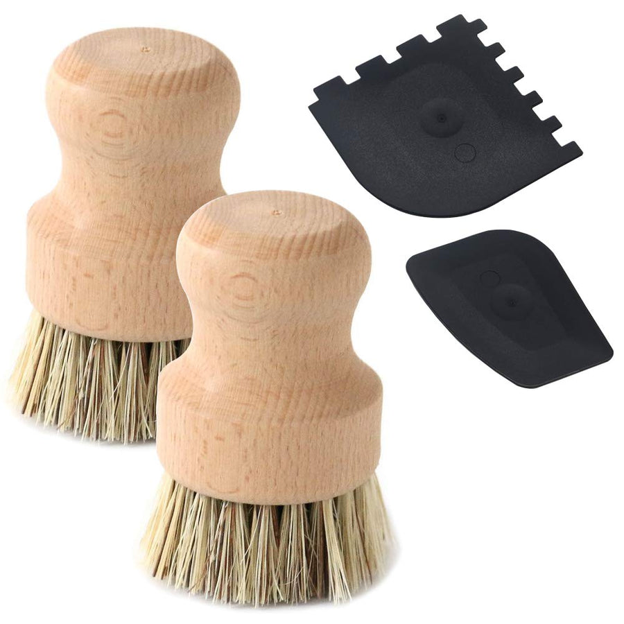 Set of 2 Packs Natural Fiber Pot Brush and 2 Packs of Plastic Grill Pot Scraper, Durable Untreated Beechwood Handle with Heat Resistant Union Fiber Head