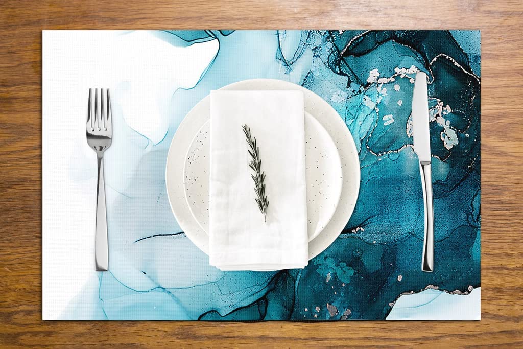 Placemats Set of 4 Washable, Table Place Mats Indoor for Kitchen Dining Decorations, Easy to Cleaning Vinyl Placemats White and Blue 12 × 18 inch