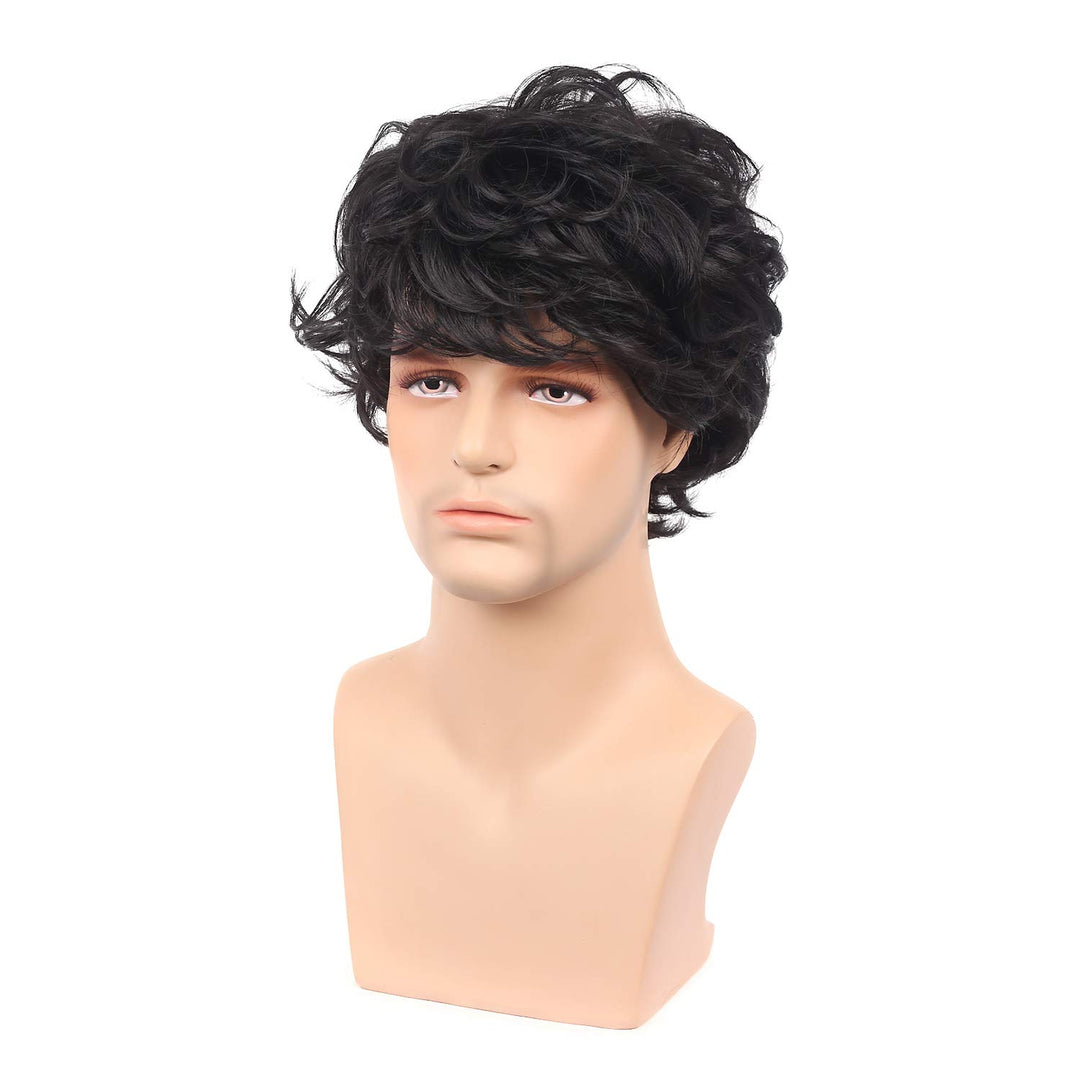 Mens Short Curly Black Wig with Bang Costume Halloween Cosplay Party Natural Hair Wig