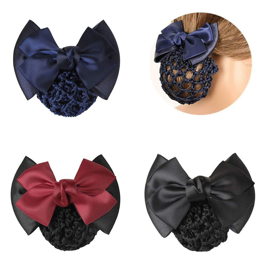 3 Pieces Hair Snood Net Bun Cover Knit Hairnet Bow Bowknot Decor Barrette Hair Clip for Women Mesh Work Hairnets, Black & Navy Blue & Red
