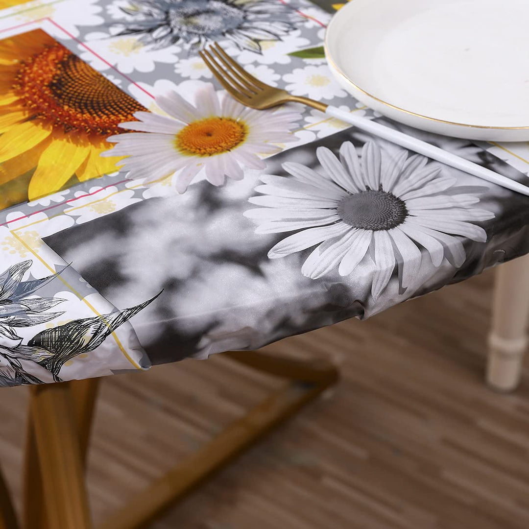 Round Vinyl Fitted Tablecloth with Flannel Backing Elastic Edge Design Table Cover Waterproof Oil-Proof PVC Table Cloth Stain-Resistant Wipeable for Round Table