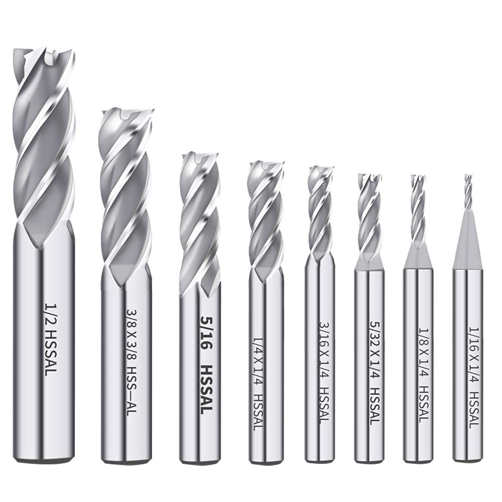 1/8 3/16 1/4 5/16 3/8 1/2 high Speed Steel HSS 4 Flute Straight End Mill Cutter 5/32 1/16 Set of 8