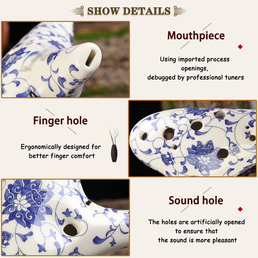 12 Hole Alto C Ocarina with Protective Bag, Hand Painted Blue and White Porcelain Musical Instrument, Porcelain clay Collectible with Neck Strap, Gift Idea For Beginner Musician, Easy to Learn