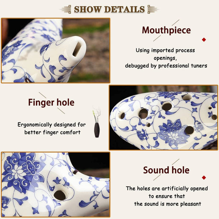 12 Hole Alto C Ocarina with Protective Bag, Hand Painted Blue and White Porcelain Musical Instrument, Porcelain clay Collectible with Neck Strap, Gift Idea For Beginner Musician, Easy to Learn