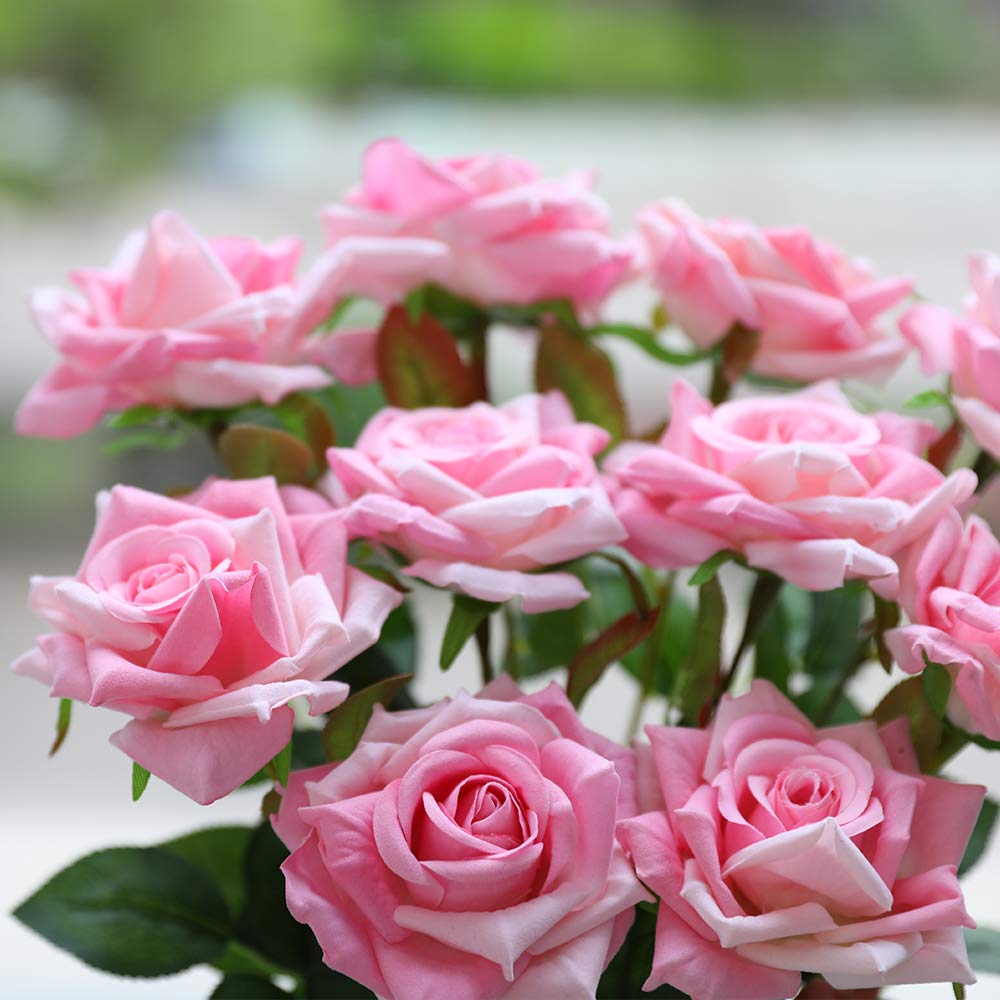 12pcs Artificial Roses Velvet Flowers with Long Stem Fake Roses Bouquet DIY for Home Garden Wedding Decor (Dark Red)