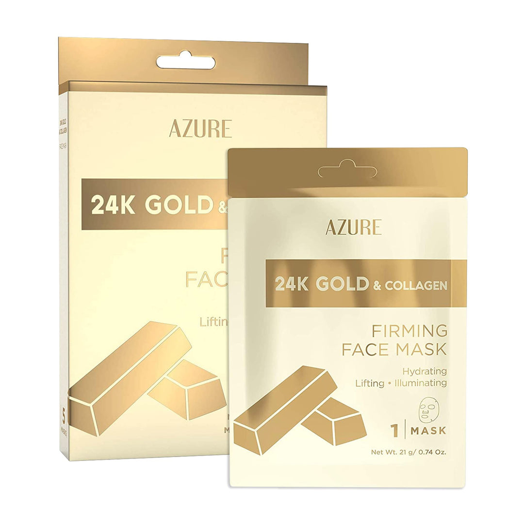 AZURE 24K Gold &amp; Collagen Firming Sheet Face Mask - Moisturizing, Lifting &amp; Illuminating | Reduces Fine Lines, Wrinkles &amp; | Tones, Smooths &amp; Evens Skin Tone | Made in Korea - 5 Pack