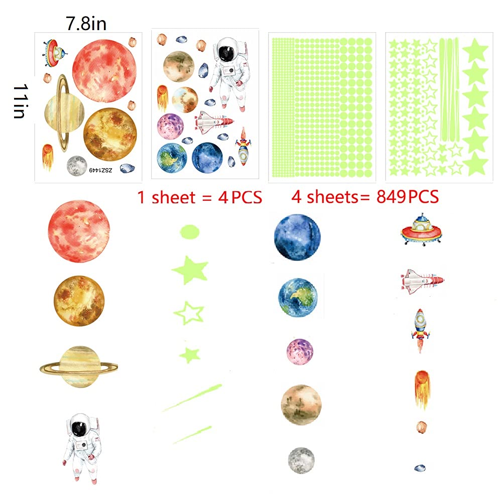 Glow in The Dark Stars Wall Stickers, Glowing Planets Astronaut Adhesive Stickers for Kids Bedroom, 849PCS Shining Galaxy Ceiling Decals, Solar System Space for Girls, Boys and Baby Room Decorations