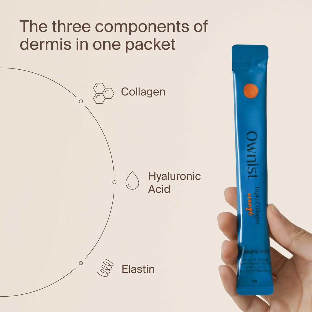 Triple Collagen Liquid Packets On-The-Go - Peptides with Hydrolyzed Marine Collagen, Elastin, Hyaluronic Acid and Vitamin for Healthy Skin - Orange Flavor - 14 Individual Stick Packs