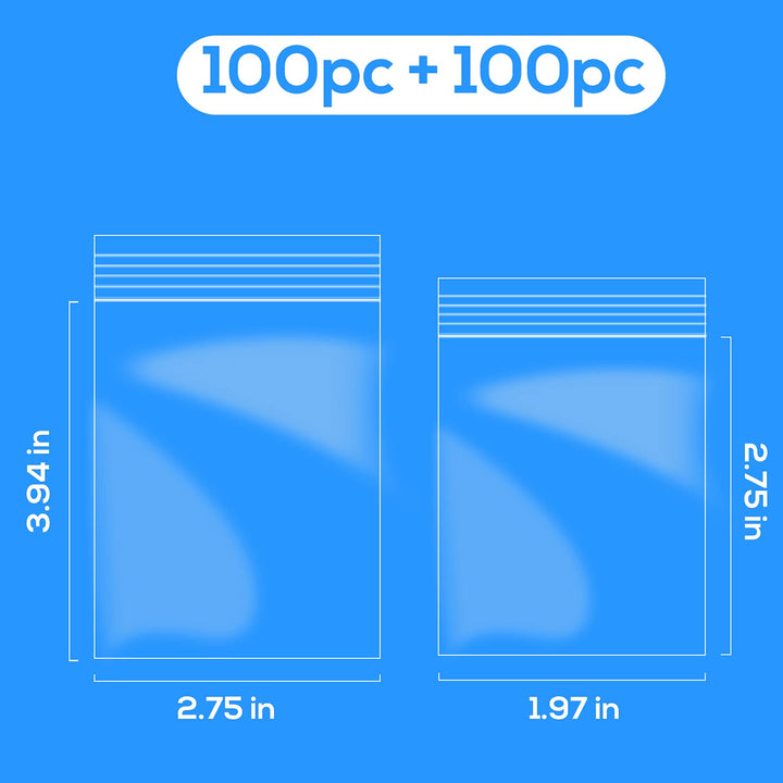 200pcs (100pcs 2 x 3 + 100pcs 3 x 4) Small Clear Plastic Poly Self Sealing Bags, Mini Resealable Bags Pockets, Reclosable Locking Baggies for Storage Jewelry, Snacks, Candy, Beads, Screws