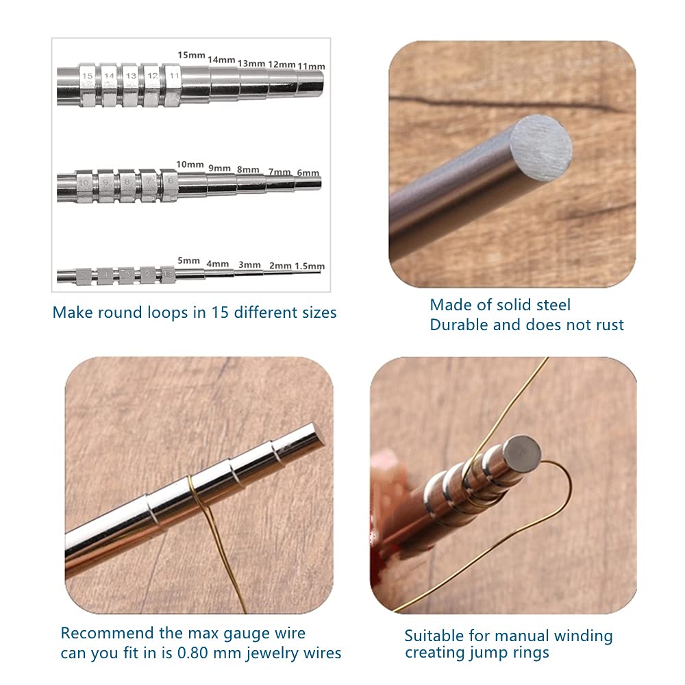 MMoon-L&amp;F Wire Looping Wrapping Step Mandel Steel Round Bead Working Loop Jump Ring Metal Jewelry Forming Tool with 3pcs and 15 Sizes