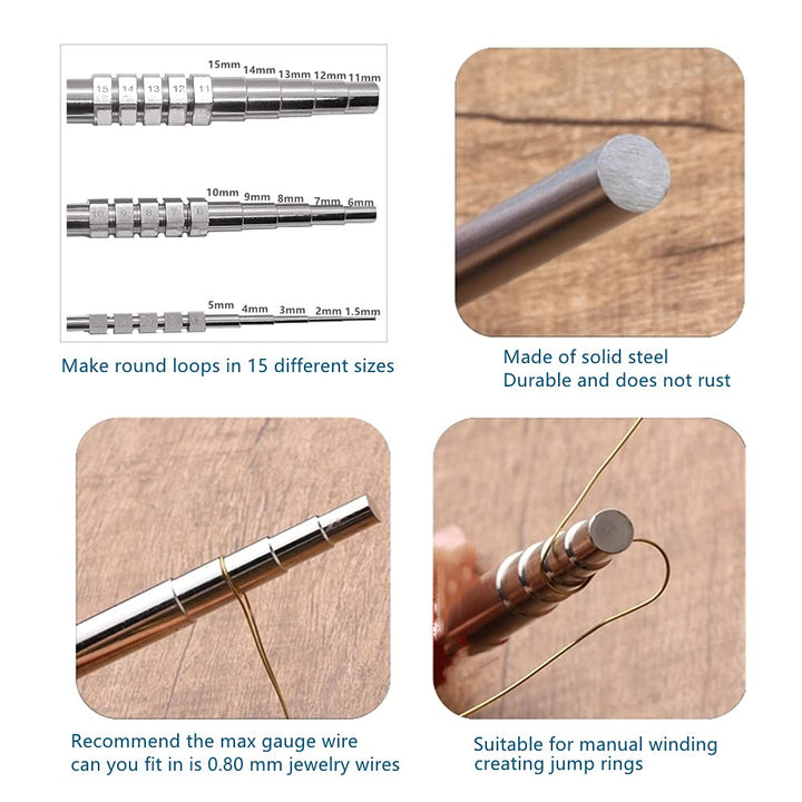 MMoon-L&amp;F Wire Looping Wrapping Step Mandel Steel Round Bead Working Loop Jump Ring Metal Jewelry Forming Tool with 3pcs and 15 Sizes