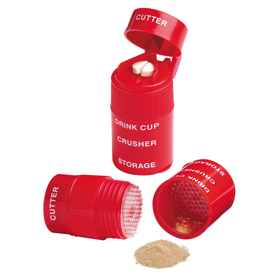 EZY DOSE 3 Compartment Pill Crusher, Cutter and Grinder, Daily Usage, Safely Cut Pills, Vitamins, Tablets, Accurate and Easy Cutting, Stainless Steel Blade, Removable Drinking Cup, Red, BPA Free