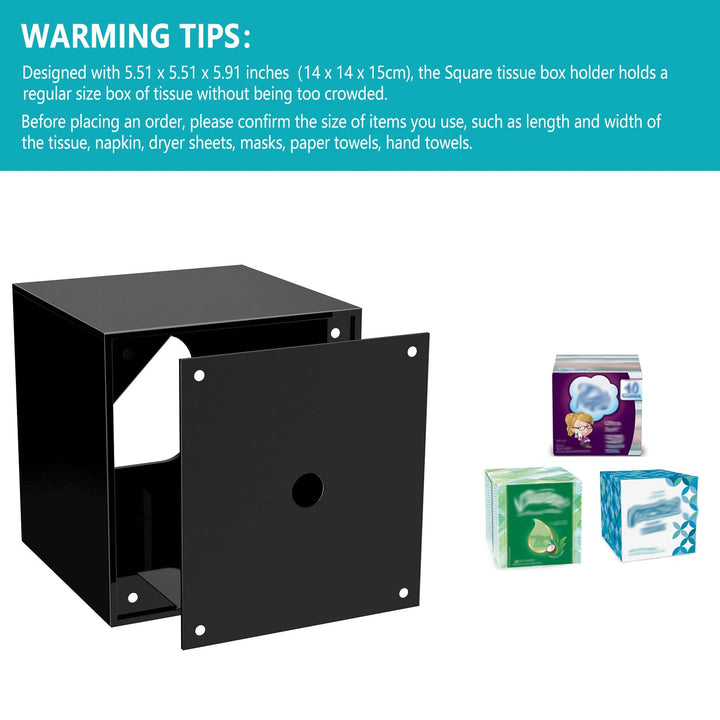 Facial Tissue Dispenser Box Cover Square Black Acrylic Mask Case Holder with Magnetic Bottom, Dryer Sheet Holder for Car, Bathroom, Laundry, Office, Counter and Table, 5.51 x 5.51 x 5.91 Inches