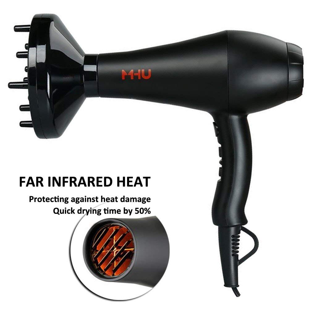 Blow Dryer 1875W Professional Infrared Ionic Hair Dryer 2 Speed and 3 Heat Settings Fast Drying Plus One Concentrator And One Diffuser (Black)