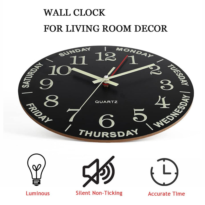 Luminous Wall Clock, 12&#39;Wooden Silent Non-Ticking Glow in The Dark Clock, with Luminous Function Numbers and Hands, Battery Powered Day Week Wall Clock for Bedroom, Living Room, Kitchen