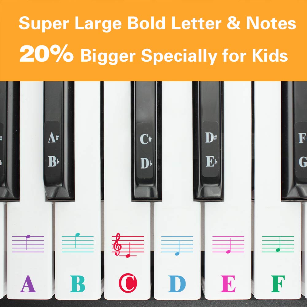 Piano Keyboard Stickers for 88/61/54/49/37 Key. Colorful Large Bold Letter Piano Stickers Perfect for kids Learning Piano. Multi-Color,Transparent,Removable