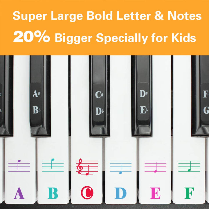 Piano Keyboard Stickers for 88/61/54/49/37 Key. Colorful Large Bold Letter Piano Stickers Perfect for kids Learning Piano. Multi-Color,Transparent,Removable