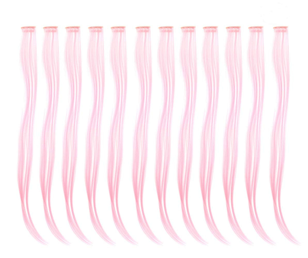 Pink : 12 Pcs Straight One Color Party Highlights Clip on in Hair Extensions Colored Hair Streak Synthetic Hairpieces (Pink)