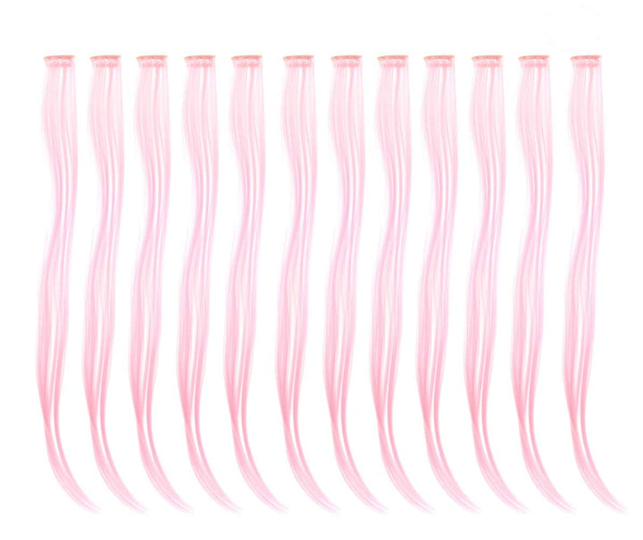 Pink : 12 Pcs Straight One Color Party Highlights Clip on in Hair Extensions Colored Hair Streak Synthetic Hairpieces (Pink)