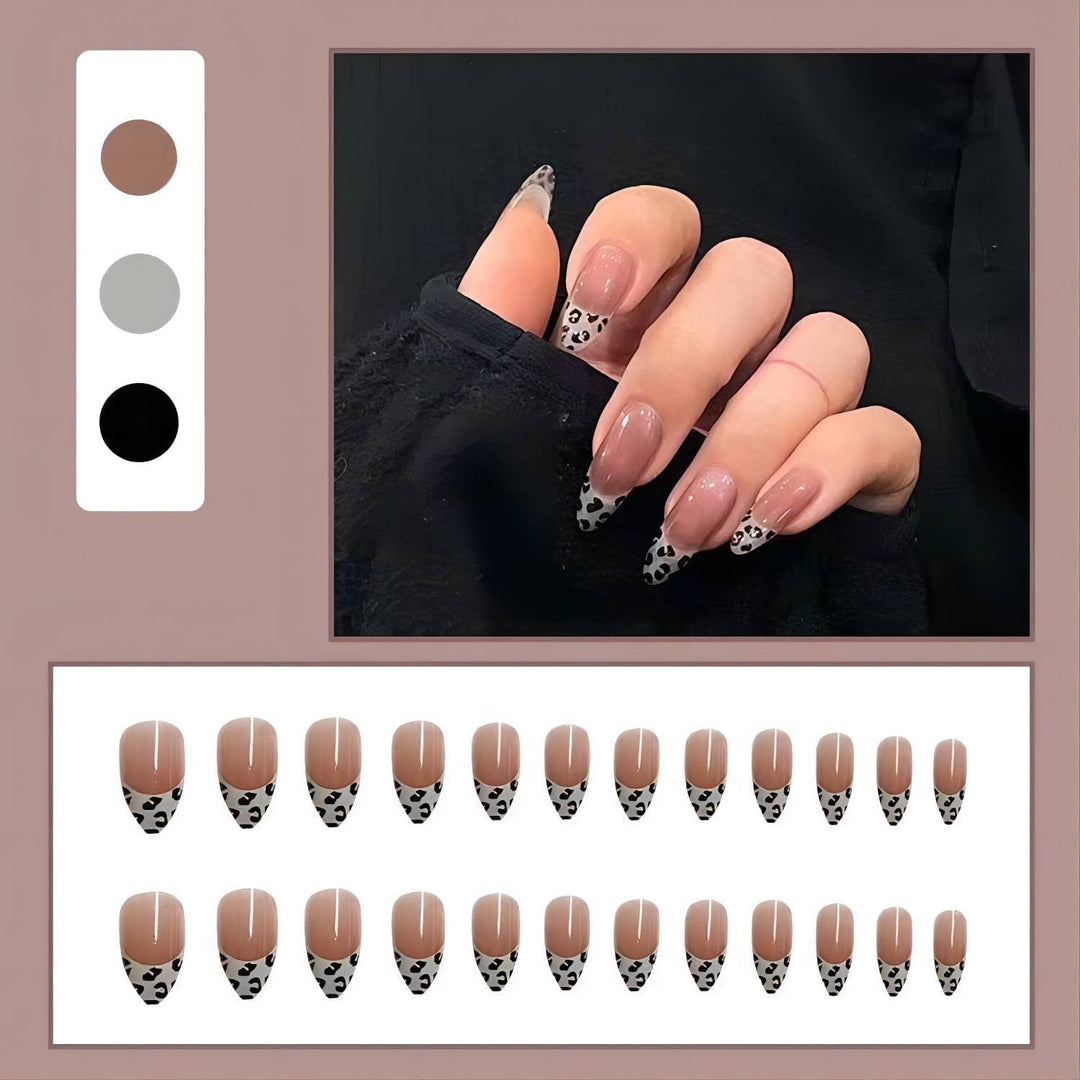 Short Fake Nails,Coffin Press on Nails,Pink Leopard Pattern False Nails for Women and Girls,Tips 24PCS