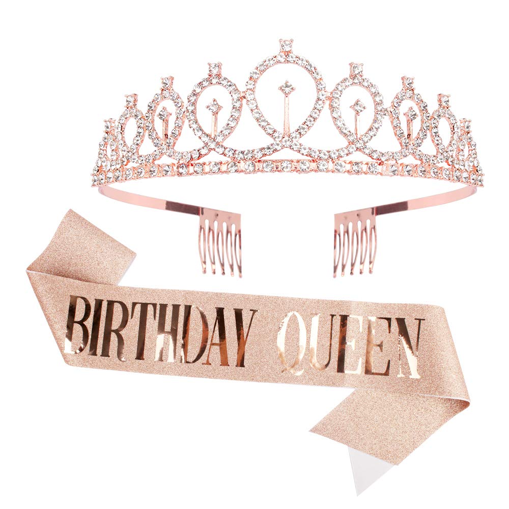Birthday Crowns for Women, Birthday Queen Sash &amp; Rhinestone Tiara Kit, Birthday Crown,Tiaras and Crowns, Rose Gold Birthday Tiara Crowns for Women Girls Gift, Birthday Decorations Party Favors