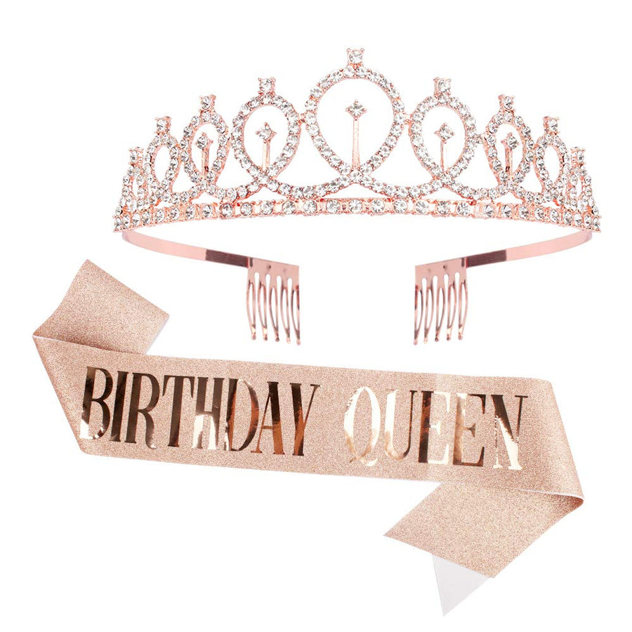 Birthday Crowns for Women, Birthday Queen Sash & Rhinestone Tiara Kit, Birthday Crown,Tiaras and Crowns, Rose Gold Birthday Tiara Crowns for Women Girls Gift, Birthday Decorations Party Favors