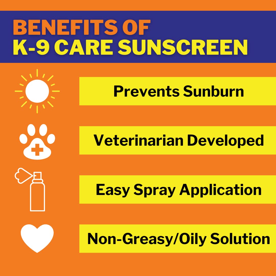 K-9 Care Sunscreen, Paws to Tail Protection, Prevents Sunburns on Dogs and Horses, Sun Protector Spray, SPF 30+, Non-Greasy/Oily Solution – 3.5 oz