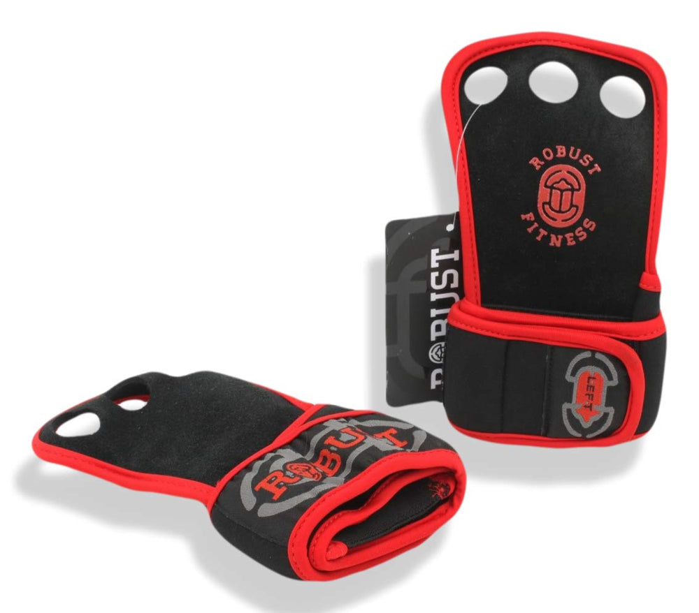 Genuine Leather Hand Grips for Gymnastics & Cross-Training, Pull-ups, Weightlifting, WODs with Neoprene Wrist warps. Palm Shield from Rips & Blisters. (Red, Small)