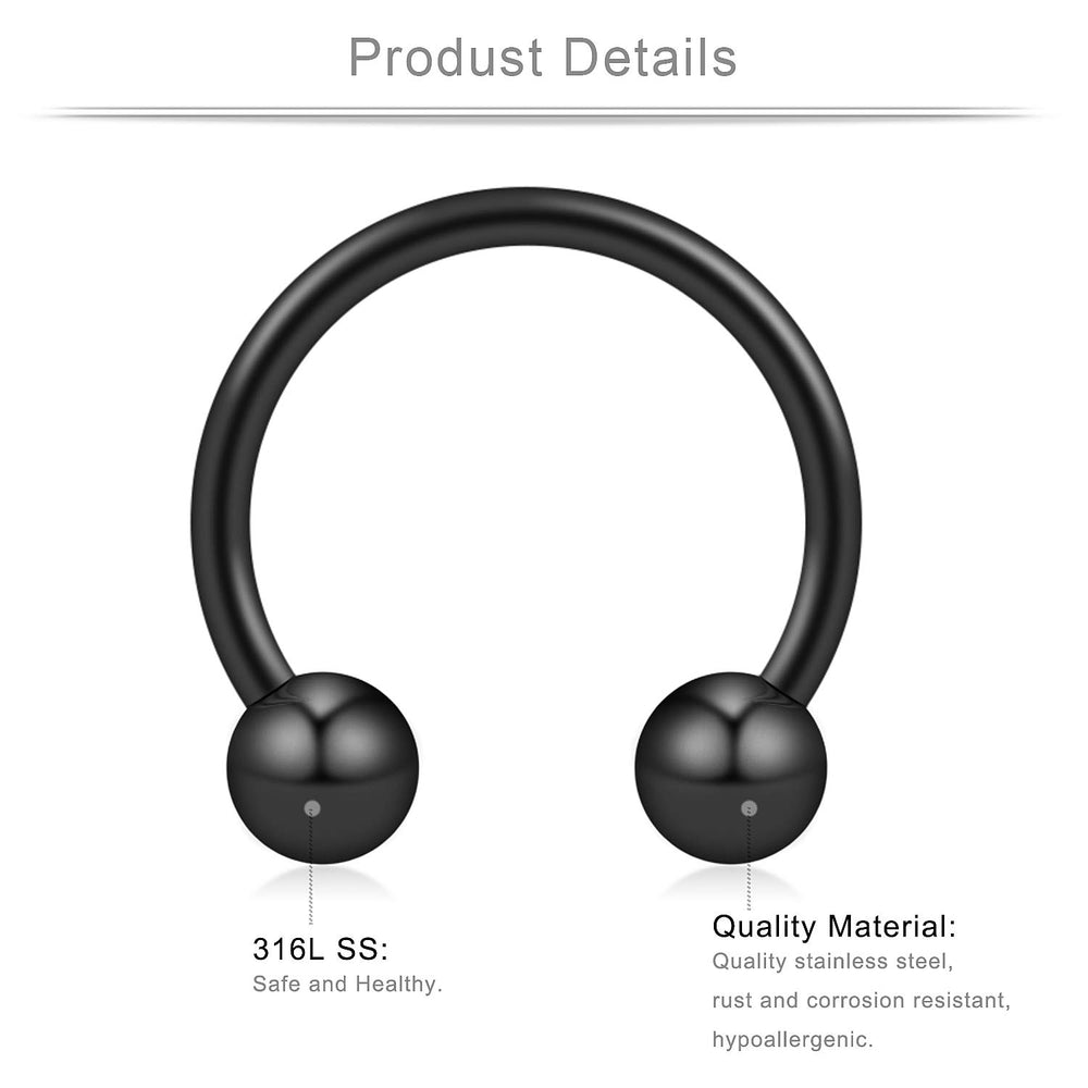 12PRS(24PCS) 16G Surgical Steel Horseshoe & Captive Bead Nose Hoop Septum Earring Eyebrow Tongue Lip Nipple Helix Tragus Piercing Jewelry Rings 6-16mm Black