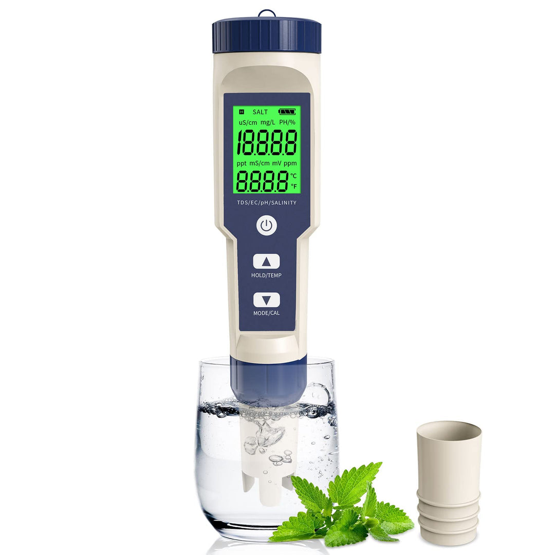PH Meter, 5 in 1 PH/TDS/EC/Salinity/Temp Meter with ATC, 0.01 Resolution High Accuracy Water Testing for Drinking Water, Hydroponics, Seawater, Aquariums, Fish Tank and Swimming Pools