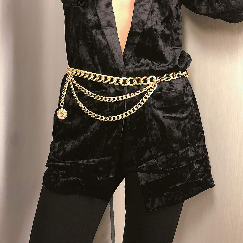 Bohemain Metal Layered Body Chain Belly Chain Belt with Coin Charm Pendant Chunky Wallet Chain Punk Waist Chain for Women(Gold)