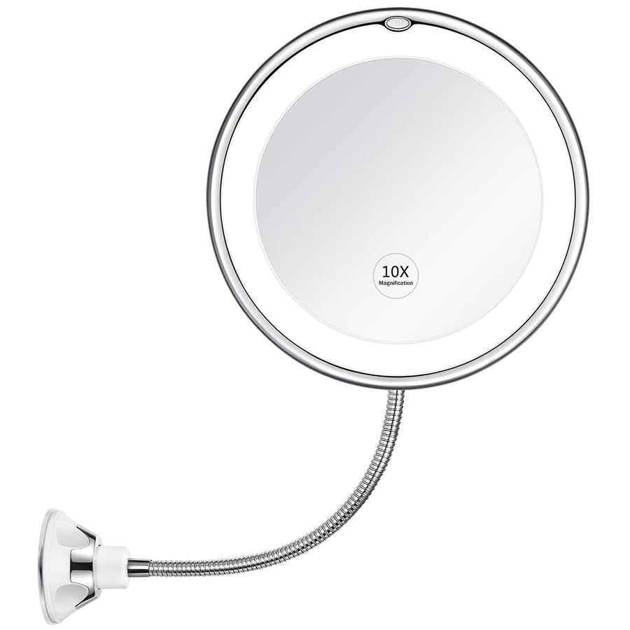 Flexible Gooseneck 6.8 10X Magnifying LED Lighted Makeup Mirror, Bathroom Magnification Vanity Mirror with Suction Cup, 360 Degree Swivel, Daylight, Battery Operated, Cordless & Travel Mirror