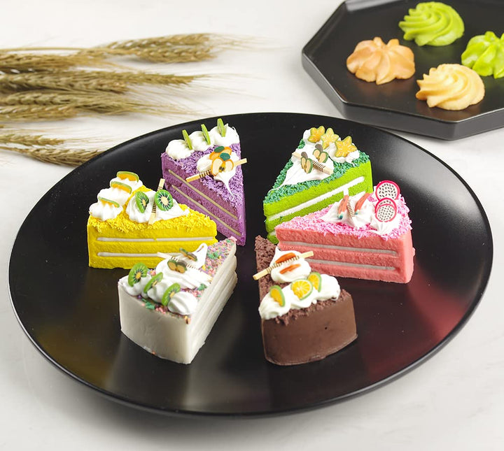 6Pcs Fake Cake for Display, Slice Faux Replica Cake, Artificial Chocolate Mousse Cake in Triangle Shape Model Decoration Kitchen Photography Props