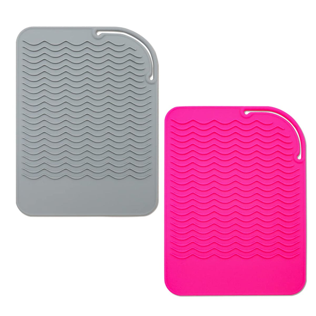 2 Pack Silicone Heat Resistant Travel Mat, Non Slip Curling &amp; Flat Iron Mat Pad, Portable Styling Heat Mat for Hot Hair Tools, Straightener, Salon Appliances, 9x6.5 (Gray, Rose red)
