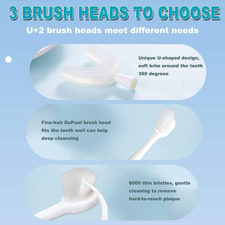 Caromolly Kids U-Shaped Electric Toothbrush, Automatic Massage Toothbrush with U-Type, Cartoon Modeling Toothbrush with Three Types of Brush Heads, Battery Operated,Small for 2-6 Years,White, 1 Pack