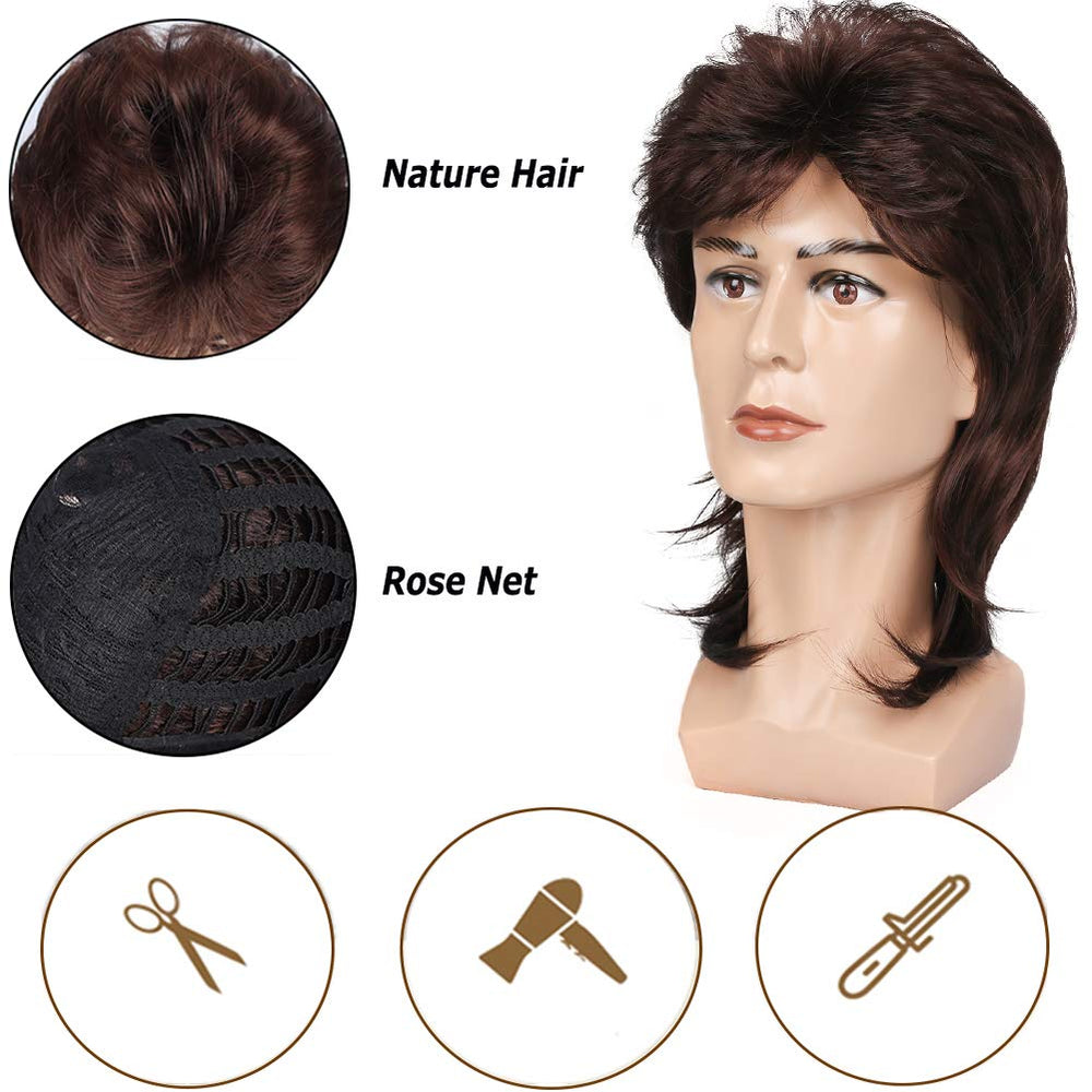 Mullet Wigs for Men 70s 80s Costumes Mens Brown Fancy Party Accessory Cosplay Hair Wig